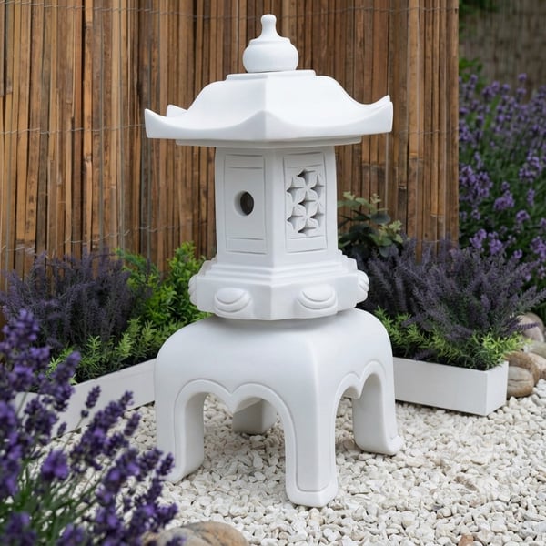 Pagoda Garden Ornament in White with square light box, wide curved roof and four short legs