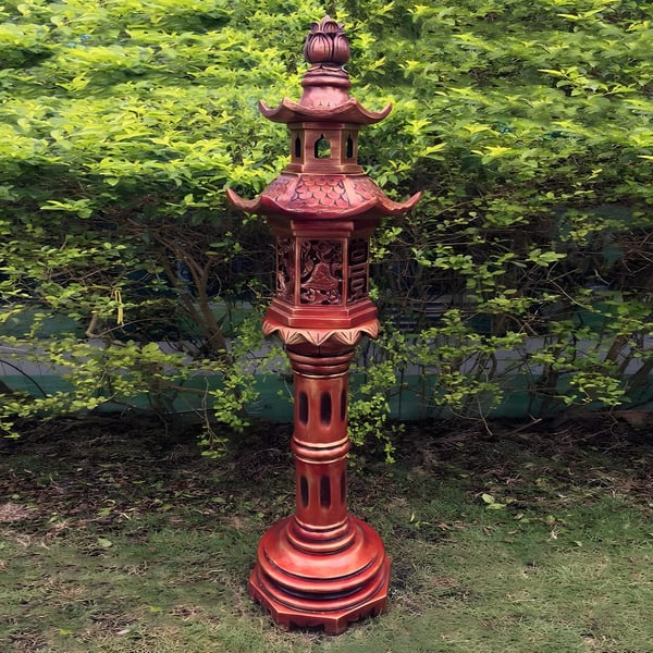Oriental Lantern Garden Ornament in Red with crimson finish and tall tiered pedestal