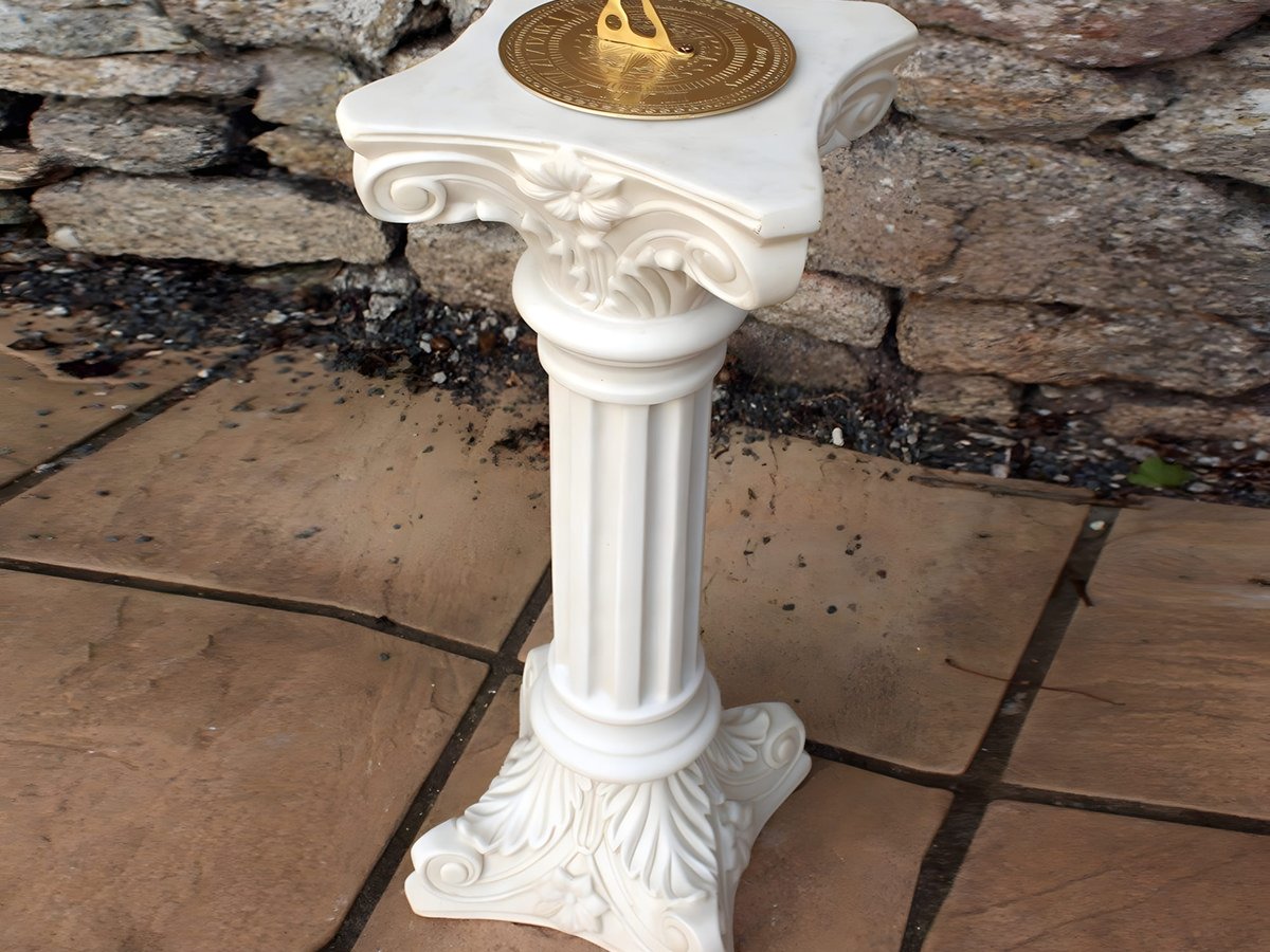 Column stone sundial as a summer garden centre piece and conversation piece