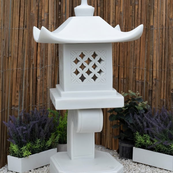 Modern Pagoda Garden Statue in White with lattice lantern, curved roof and S-curved stem