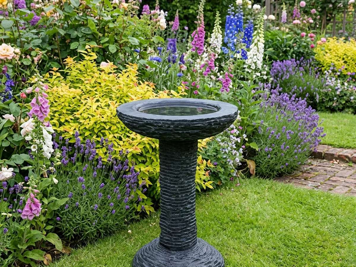 Cascade black limestone bird bath in a UK garden, a centre piece that doubles when reflected in a garden mirror