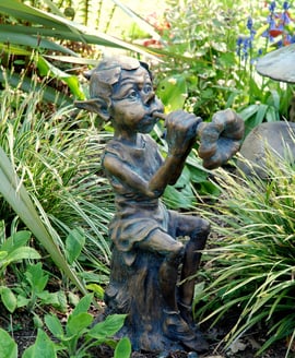 Pixie with Flute Garden Ornament – Aged Verde