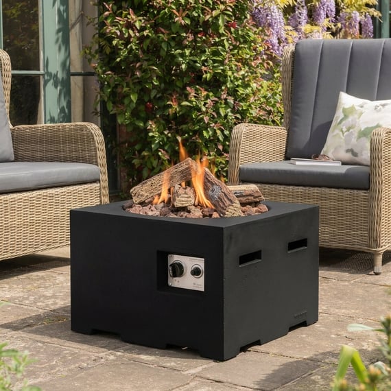 Happy Cocoon 60cm small square black steel fire pit on a compact UK patio
