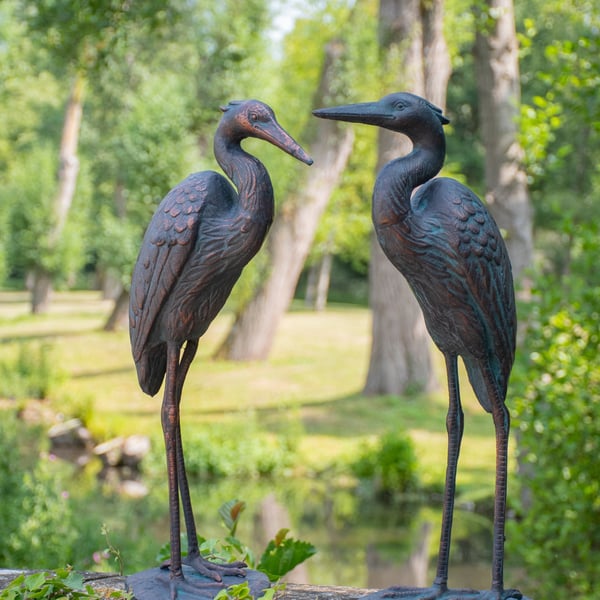 Standing Cranes Set Metal Garden Ornament in aged verde bronze finish with two iron birds