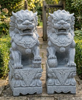 Pair of Foo Dog Garden Statues in Grey