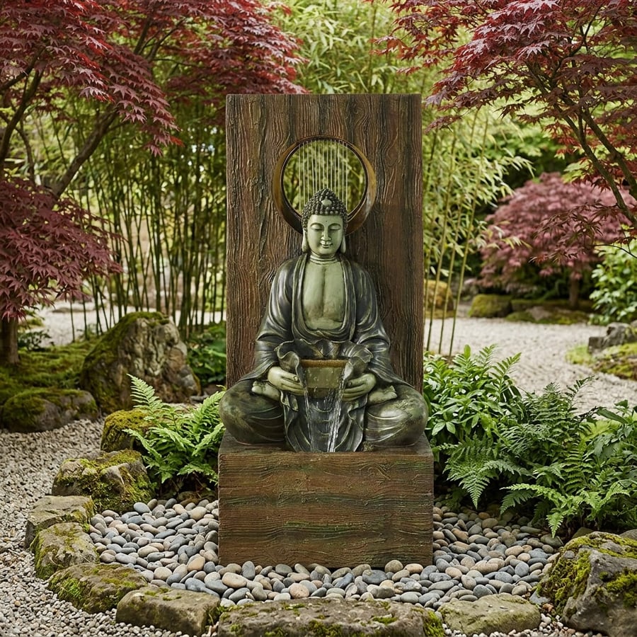 Heavenly Buddha self-contained water feature with water flowing toward patio seating