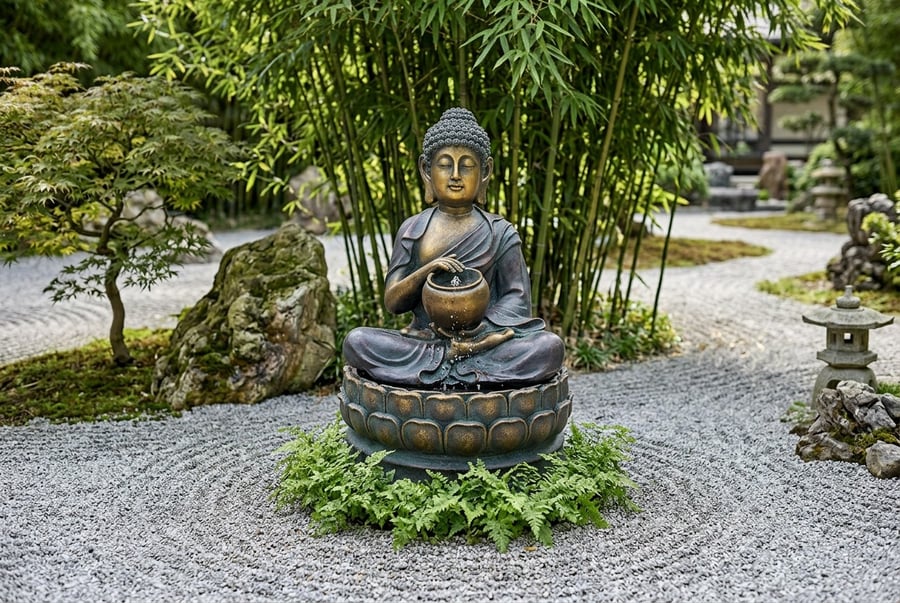 Calming Buddha solar water feature in the east-facing corner of a UK garden, morning light on the figure